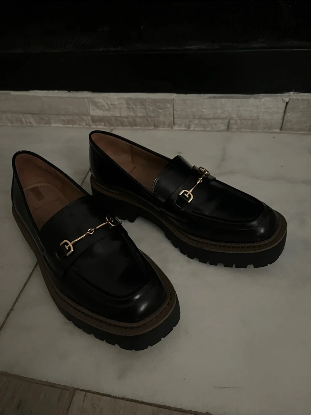 Sam Edelman Black Leather Bit Loafers with Gold Hardware women shoes